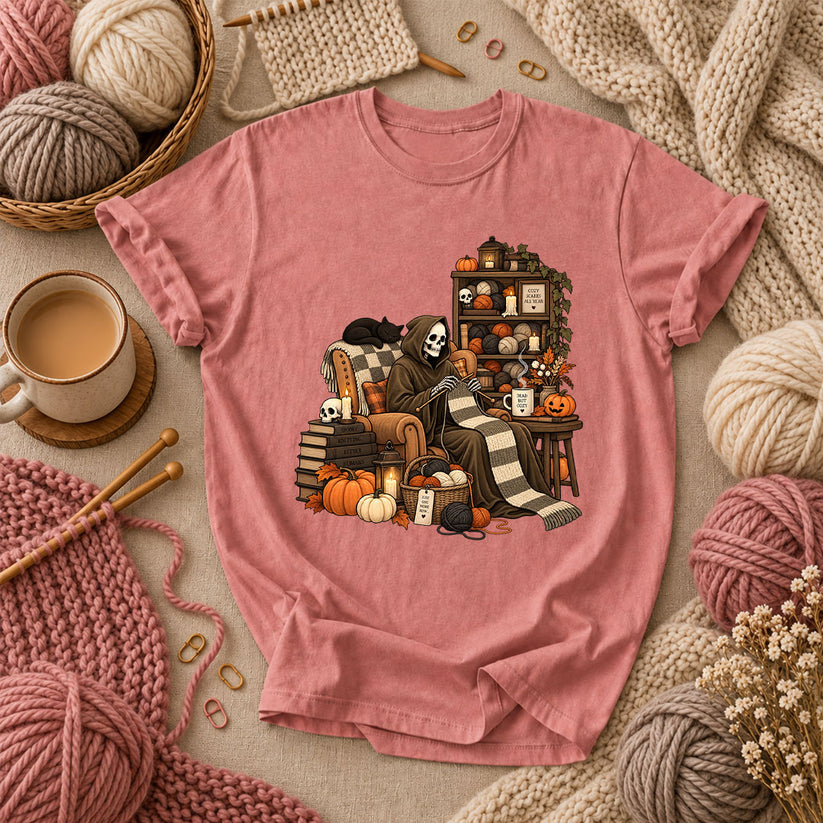 Cozy Scares Reaper Knitter T-Shirt - Heather Mauve