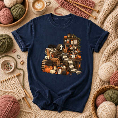Cozy Scares Reaper Knitter T-Shirt - Navy