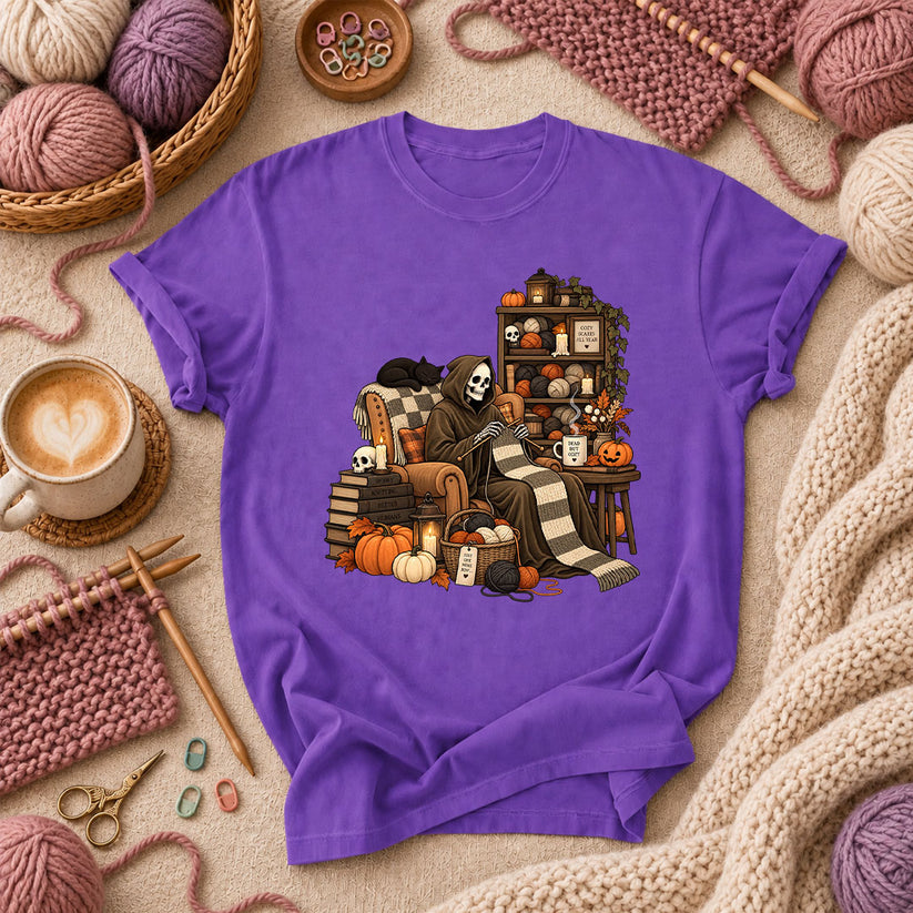 Cozy Scares Reaper Knitter T-Shirt - Purple