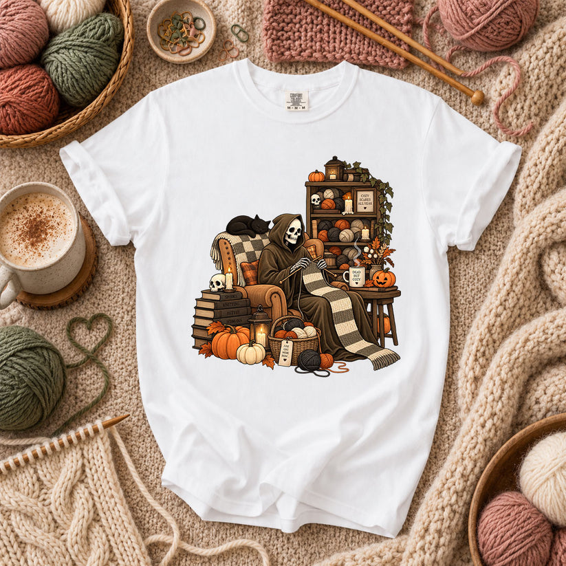 Cozy Scares Reaper Knitter T-Shirt - White