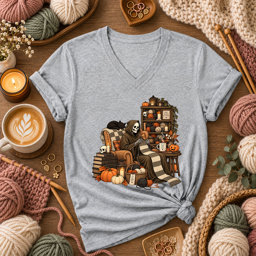 Cozy Scares Reaper Knitter Women's V-Neck - Athletic Heather
