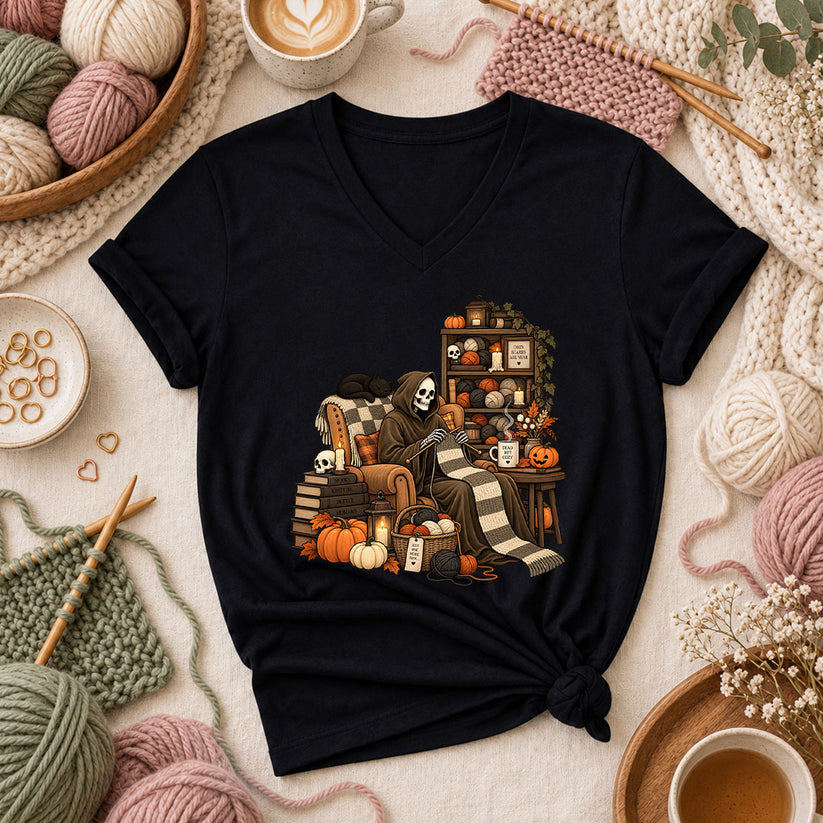 Cozy Scares Reaper Knitter Women's V-Neck - Black