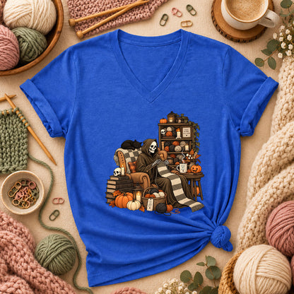 Cozy Scares Reaper Knitter Women's V-Neck - Heather True Royal