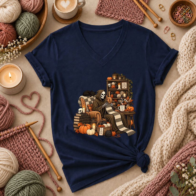 Cozy Scares Reaper Knitter Women's V-Neck - Navy
