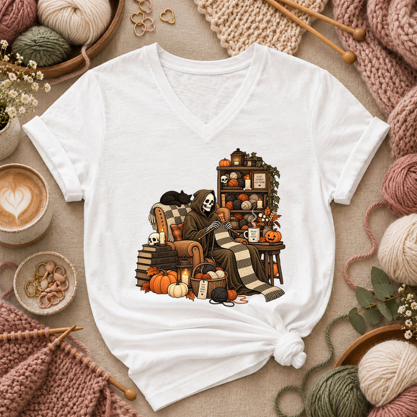 Cozy Scares Reaper Knitter Women's V-Neck - White