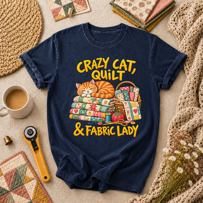 Crazy Cat Quilt Fabric Lady T-Shirt - Navy