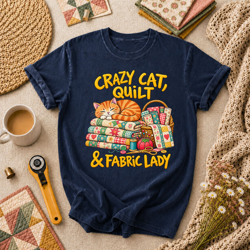 Crazy Cat Quilt Fabric Lady T-Shirt - Navy