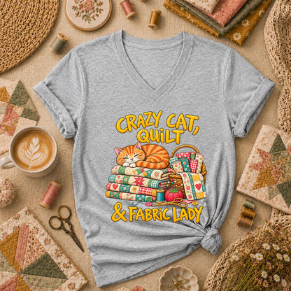 Crazy Cat Quilt Fabric Lady Women's V-Neck - Athletic Heather