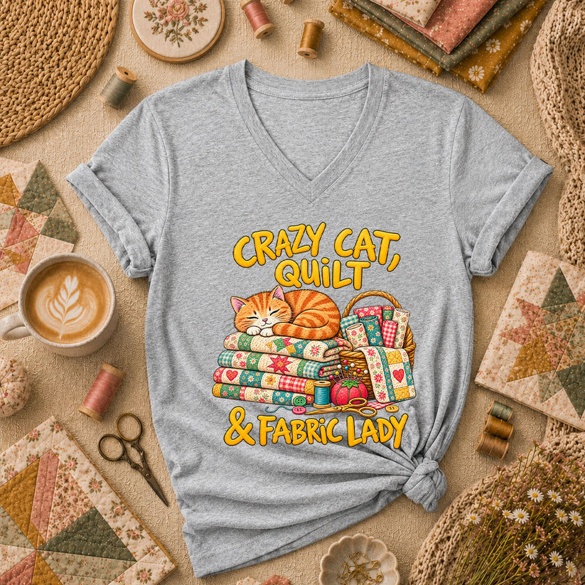 Crazy Cat Quilt Fabric Lady Women's V-Neck - Athletic Heather