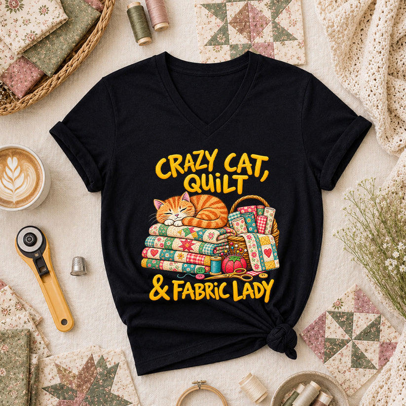 Crazy Cat Quilt Fabric Lady Women's V-Neck - Black
