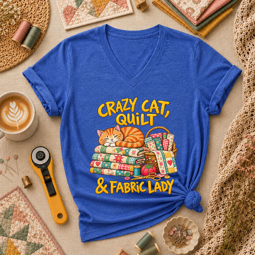 Crazy Cat Quilt Fabric Lady Women's V-Neck - Heather True Royal