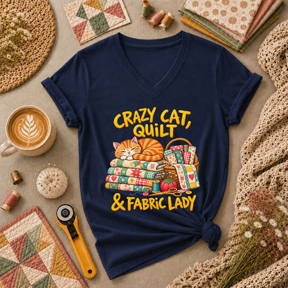 Crazy Cat Quilt Fabric Lady Women's V-Neck - Navy