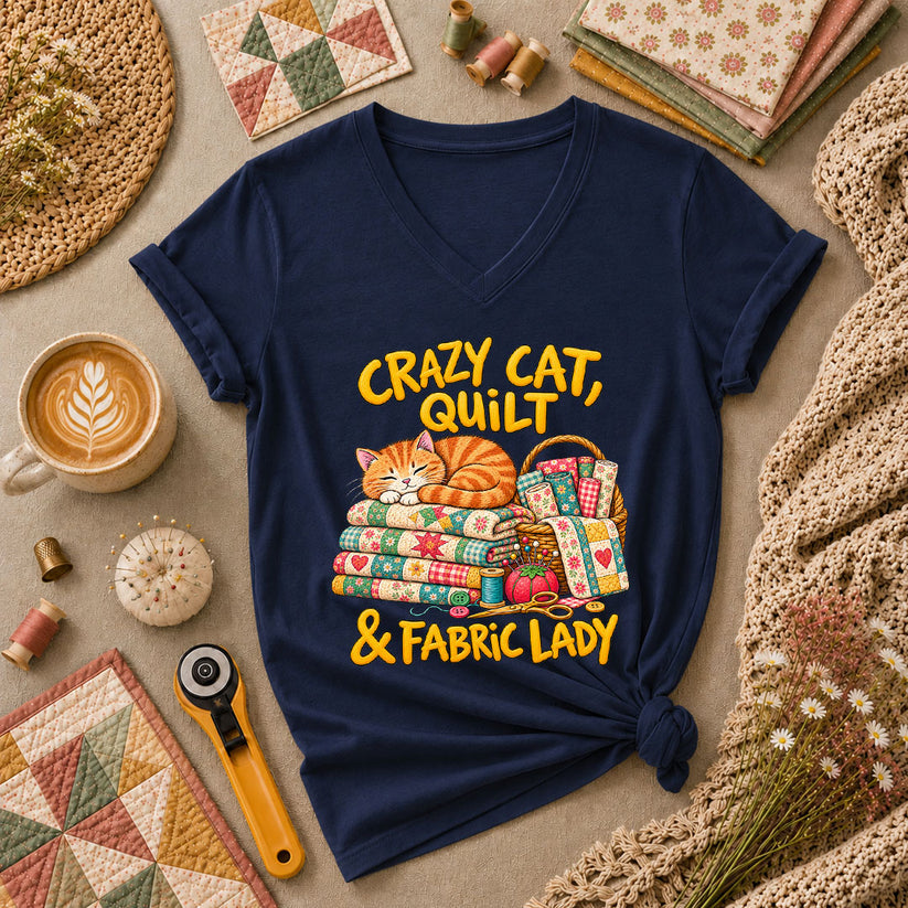 Crazy Cat Quilt Fabric Lady Women's V-Neck - Navy