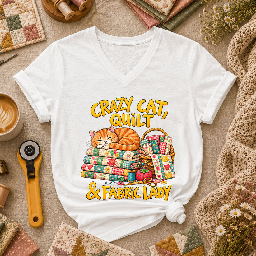 Crazy Cat Quilt Fabric Lady Women's V-Neck - White