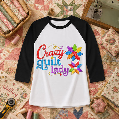 Crazy Quilt Lady Colorful Star Blocks Raglan Sleeve - Black