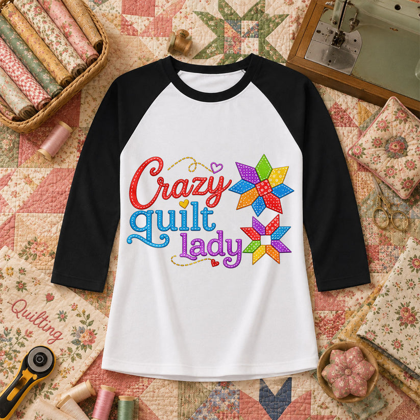 Crazy Quilt Lady Colorful Star Blocks Raglan Sleeve - Black