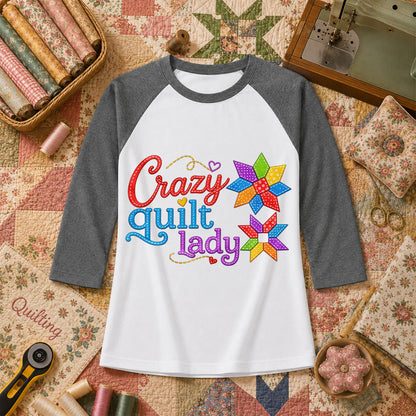 Crazy Quilt Lady Colorful Star Blocks Raglan Sleeve - Deep Heather