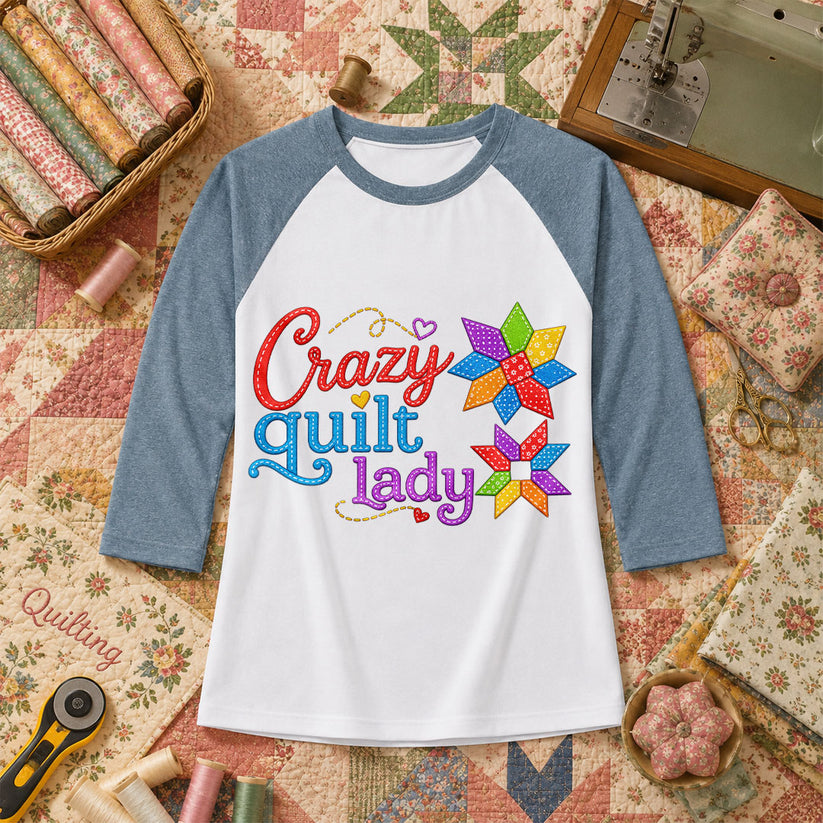 Crazy Quilt Lady Colorful Star Blocks Raglan Sleeve - Denim