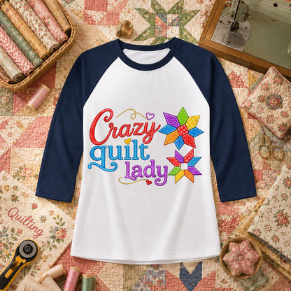 Crazy Quilt Lady Colorful Star Blocks Raglan Sleeve - Navy