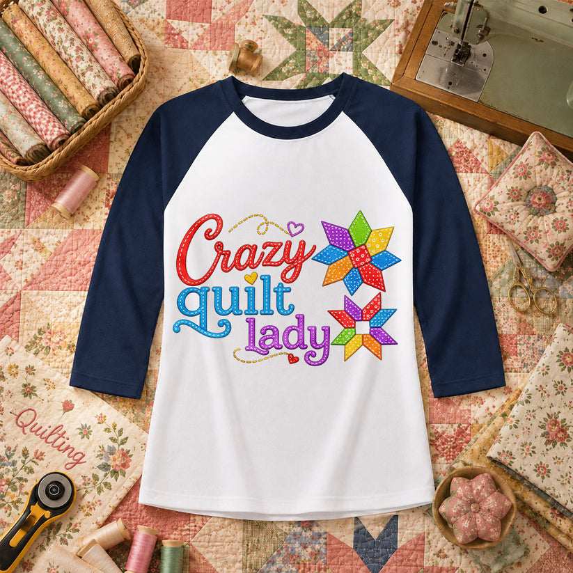 Crazy Quilt Lady Colorful Star Blocks Raglan Sleeve - Navy