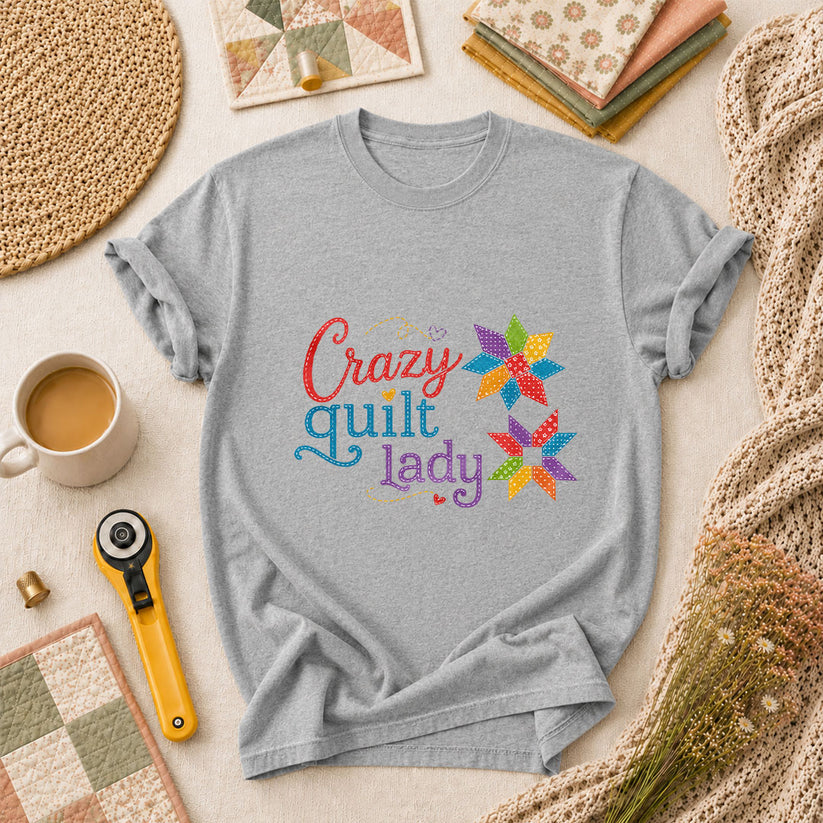 Crazy Quilt Lady Colorful Star Blocks T-Shirt - Athletic Heather