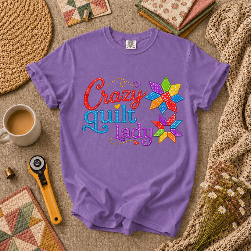Crazy Quilt Lady Colorful Star Blocks T-Shirt - Heather Team Purple