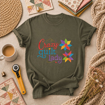 Crazy Quilt Lady Colorful Star Blocks T-Shirt - Military Green