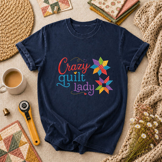 Crazy Quilt Lady Colorful Star Blocks T-Shirt - Navy