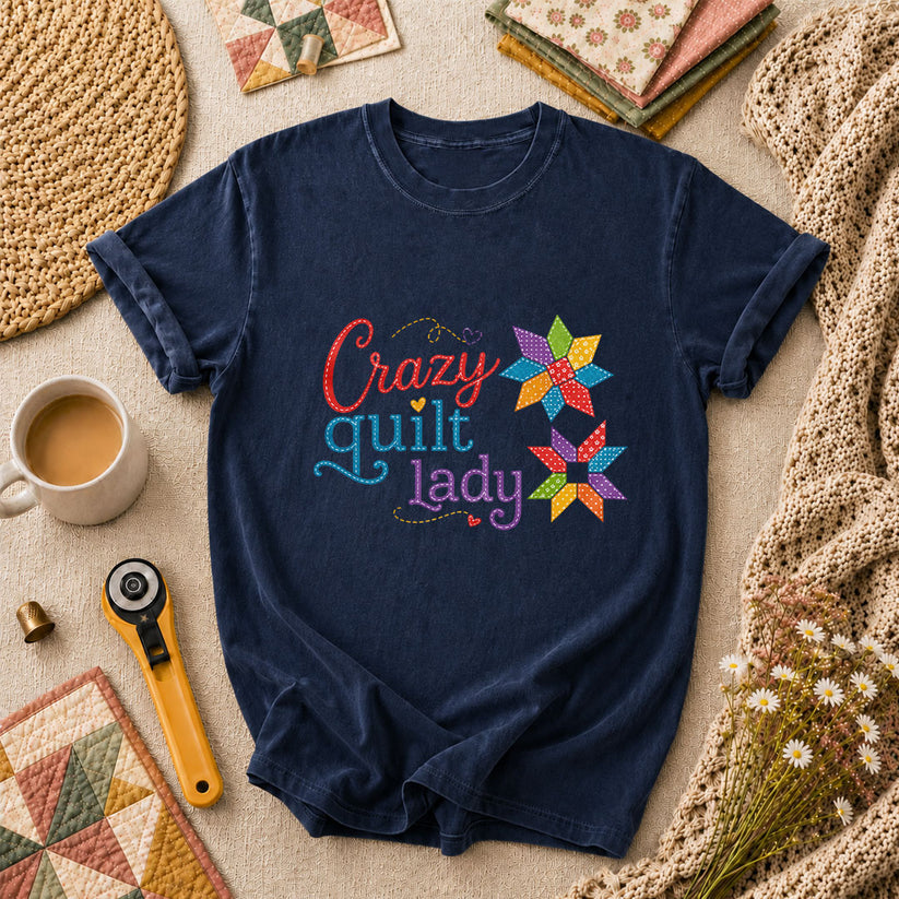 Crazy Quilt Lady Colorful Star Blocks T-Shirt - Navy