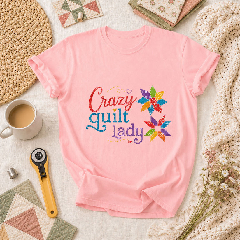 Crazy Quilt Lady Colorful Star Blocks T-Shirt - Pink