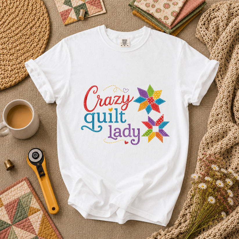 Crazy Quilt Lady Colorful Star Blocks T-Shirt - White