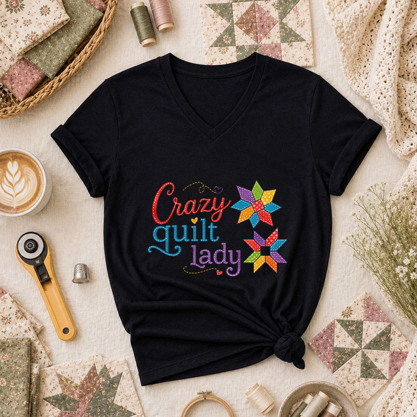 Crazy Quilt Lady Colorful Star Blocks Women's V-Neck - Black