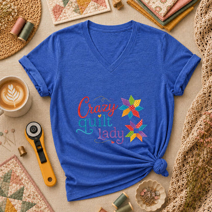Crazy Quilt Lady Colorful Star Blocks Women's V-Neck - Heather True Royal