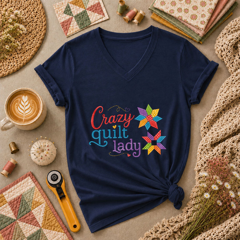 Crazy Quilt Lady Colorful Star Blocks Women's V-Neck - Navy