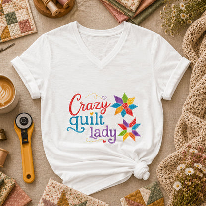 Crazy Quilt Lady Colorful Star Blocks Women's V-Neck - White