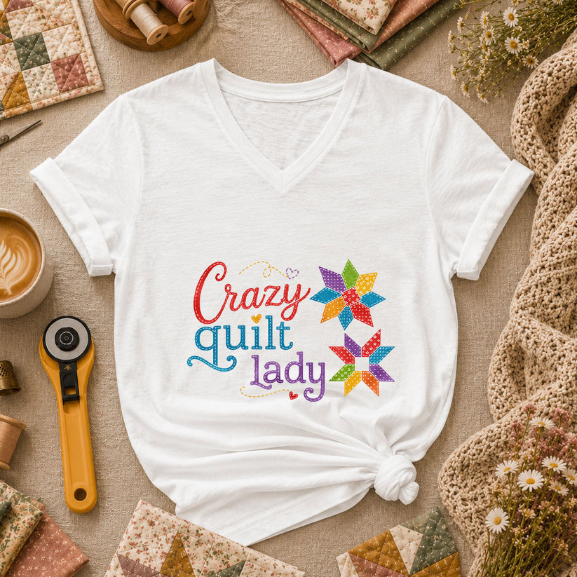 Crazy Quilt Lady Colorful Star Blocks Women's V-Neck - White