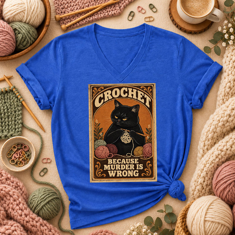 Crochet Because Murder Is Wrong Women's V-Neck - Heather True Royal