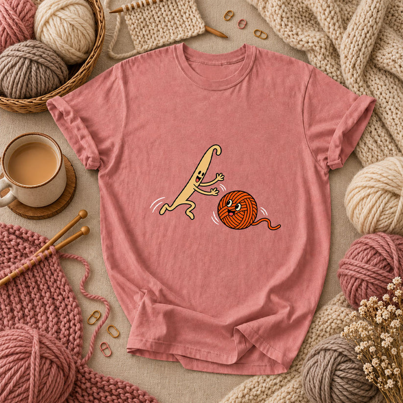 Crochet Hook Chasing Yarn Ball T-Shirt - Heather Mauve
