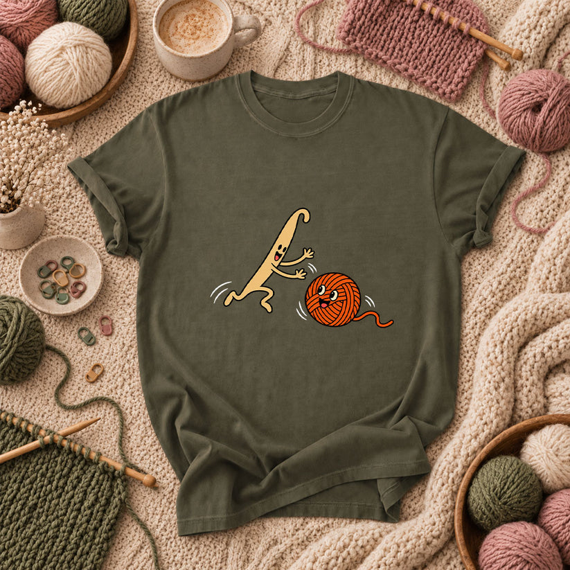 Crochet Hook Chasing Yarn Ball T-Shirt - Military Green