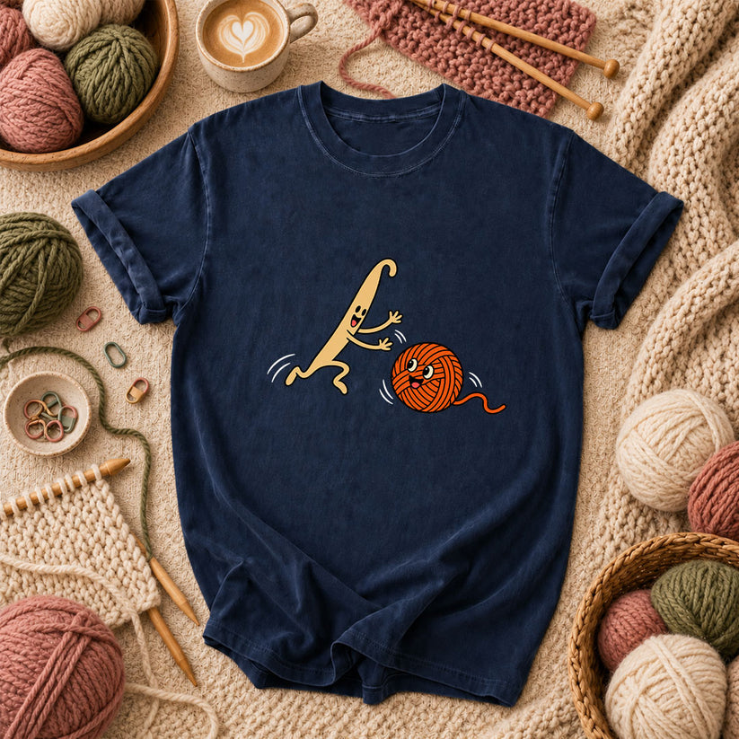 Crochet Hook Chasing Yarn Ball T-Shirt - Navy