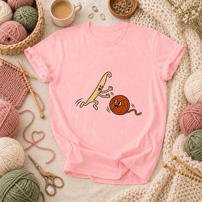 Crochet Hook Chasing Yarn Ball T-Shirt - Pink