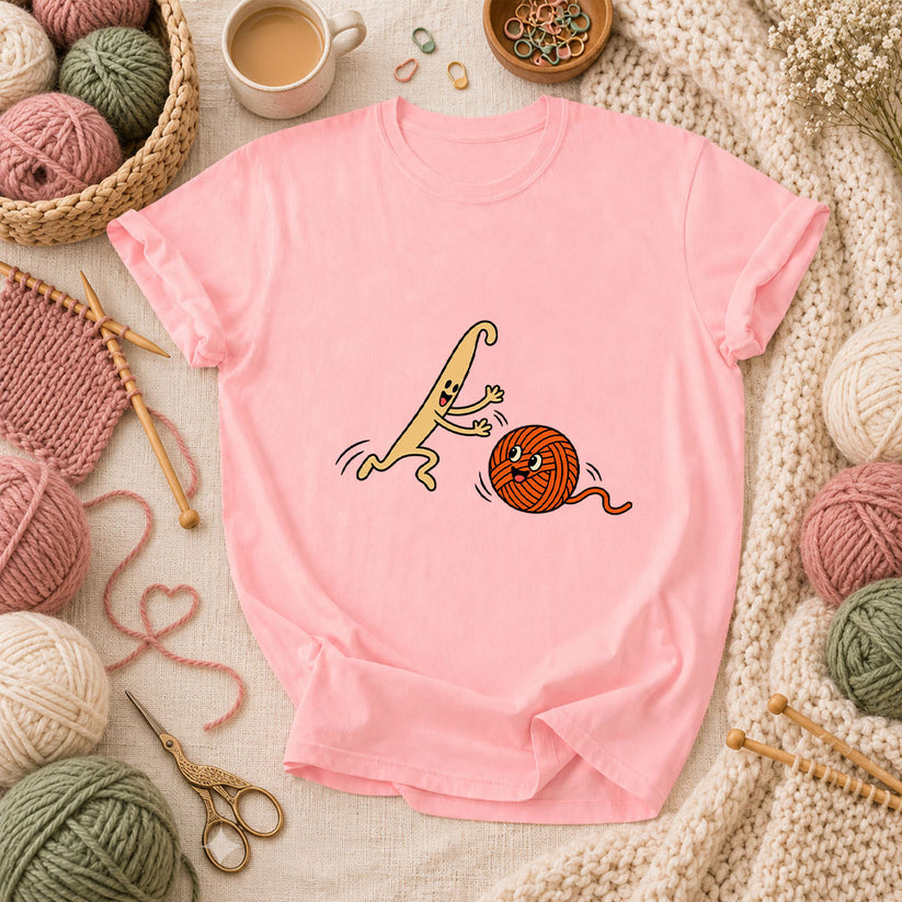 Crochet Hook Chasing Yarn Ball T-Shirt - Pink