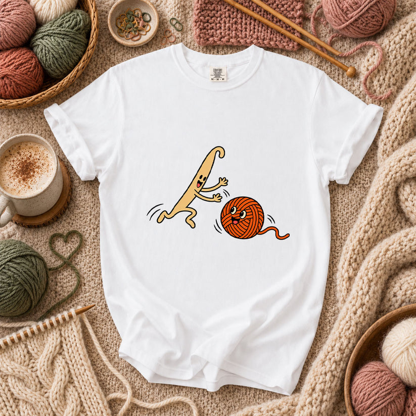 Crochet Hook Chasing Yarn Ball T-Shirt - White