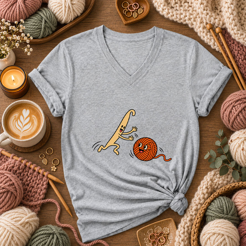 Crochet Hook Chasing Yarn Ball Women's V-Neck - Athletic Heather