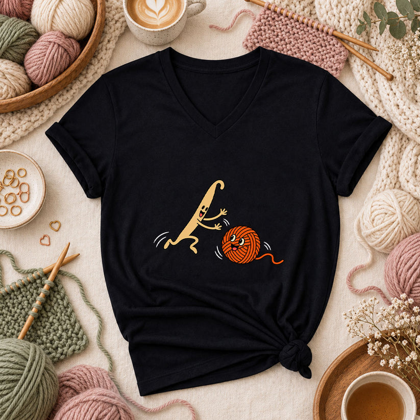 Crochet Hook Chasing Yarn Ball Women's V-Neck - Black
