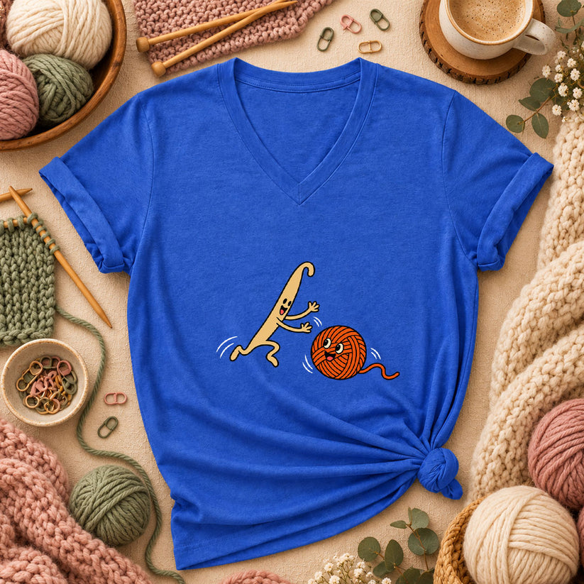 Crochet Hook Chasing Yarn Ball Women's V-Neck - Heather True Royal
