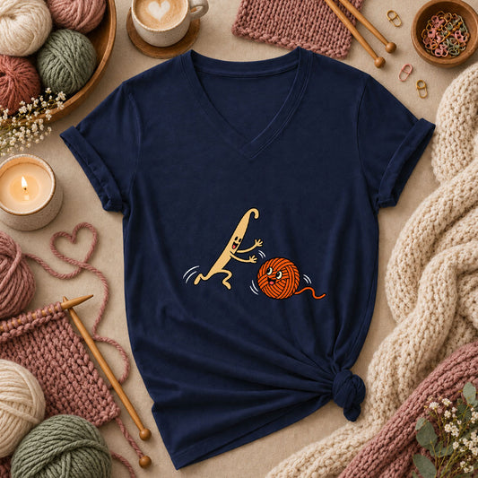 Crochet Hook Chasing Yarn Ball Women's V-Neck - Navy