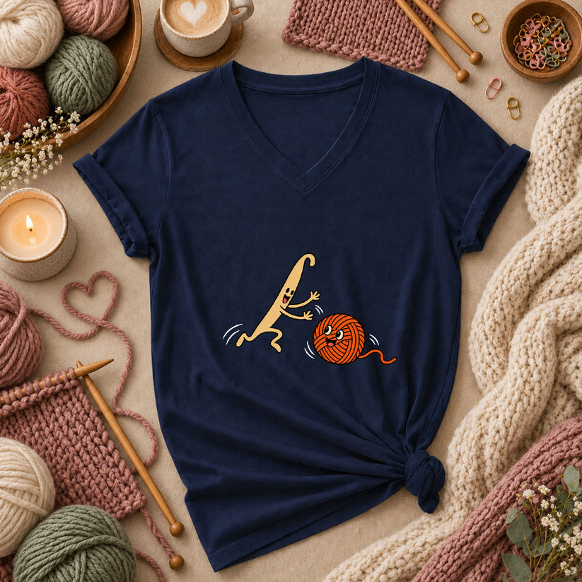 Crochet Hook Chasing Yarn Ball Women's V-Neck - Navy