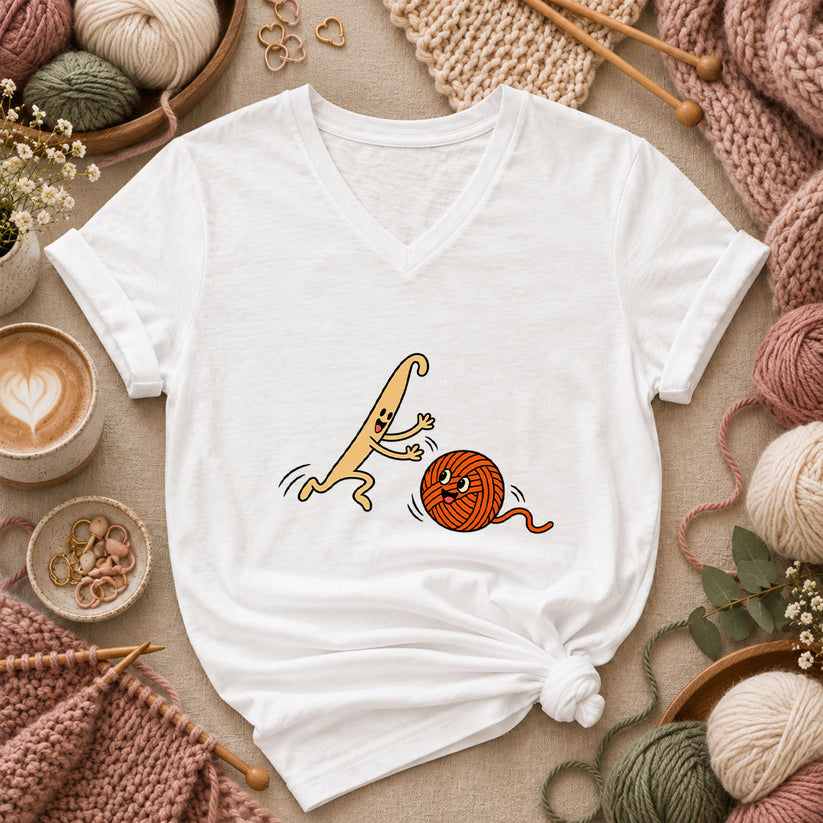 Crochet Hook Chasing Yarn Ball Women's V-Neck - White