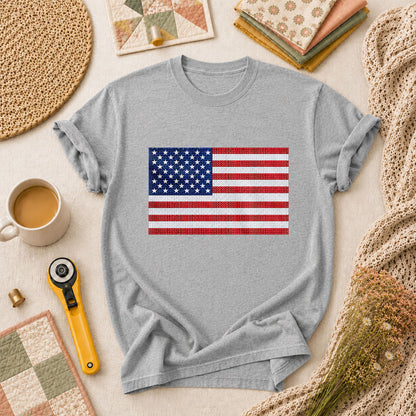 Cross Stitch American Flag Patriotic Quilt T-Shirt - Athletic Heather